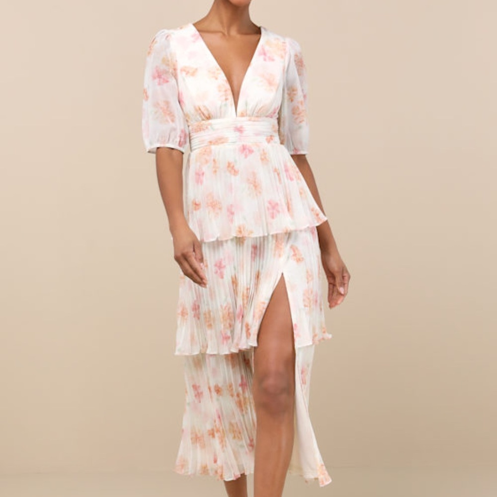 Lulus Jadia Ivory Floral Pleated Tiered Midi Dress White - Size XL